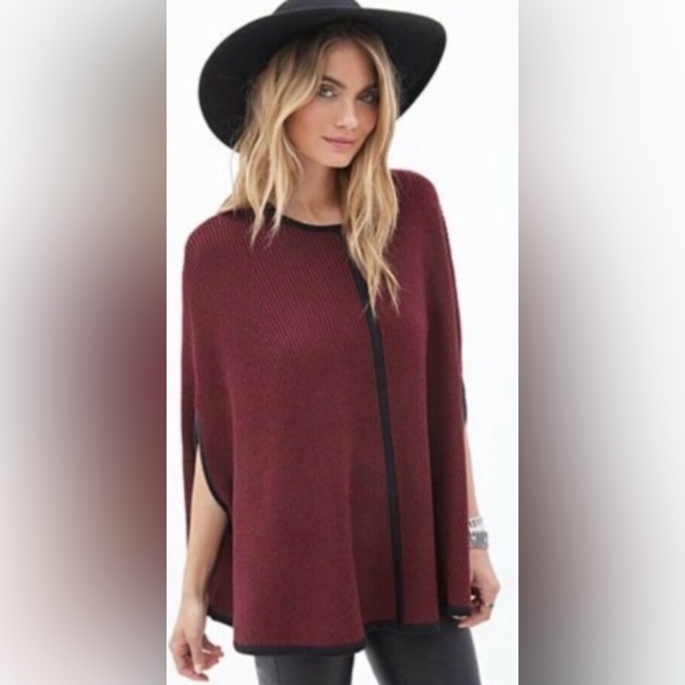 Forever 21 Burgundy Ribbed Knit Black Trimmed Cape Sweater Poncho NWOT